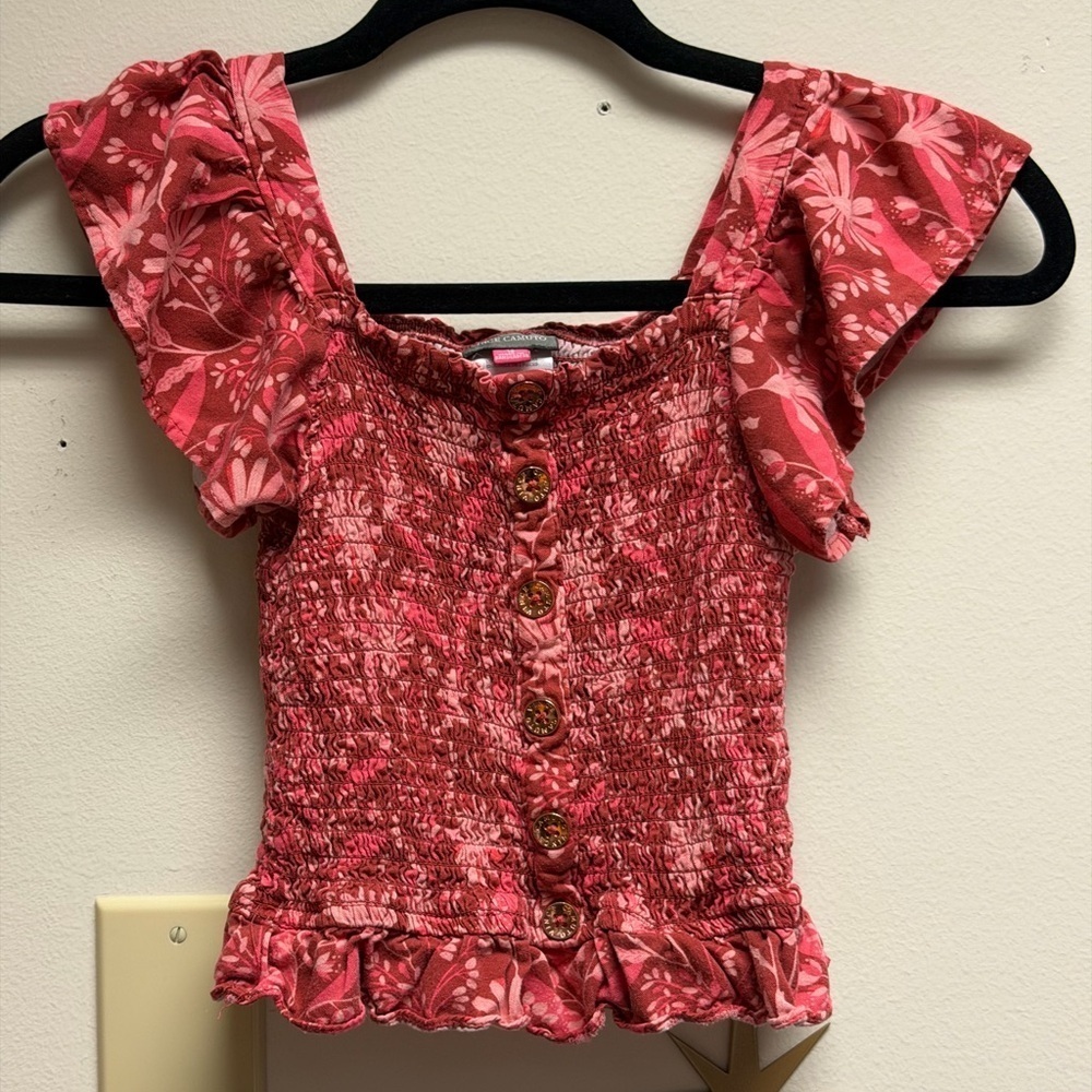 Vince Camuto Girls Red Pink Floral Smocked Blouse Flutter sleeves